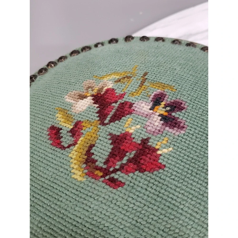 Antique Victorian Dainty Stick & Ball NEEDLEPOINT Floral Foot‎ Stool Tapestry